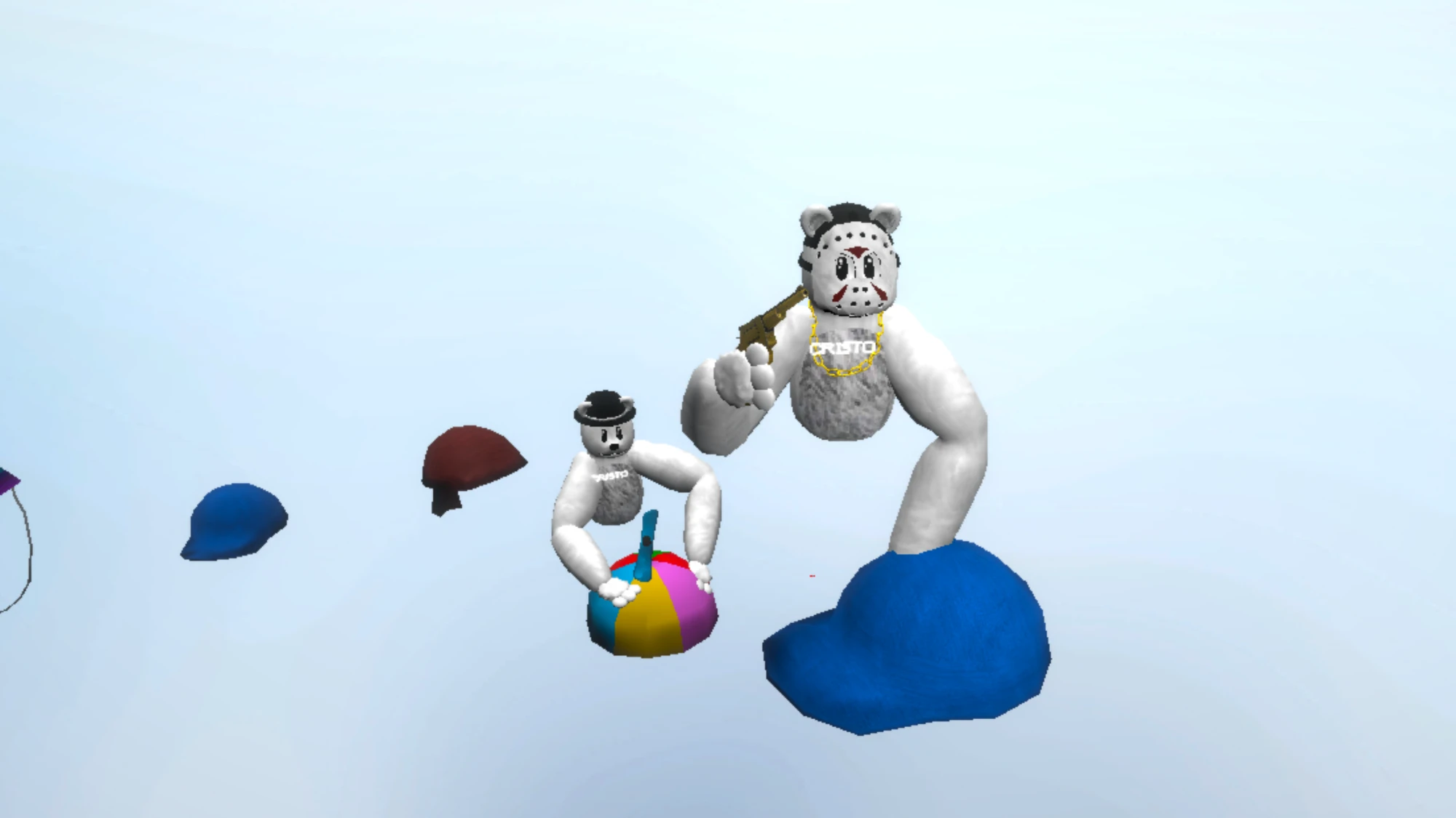 Two players climbing giant floating hats high up in the sky