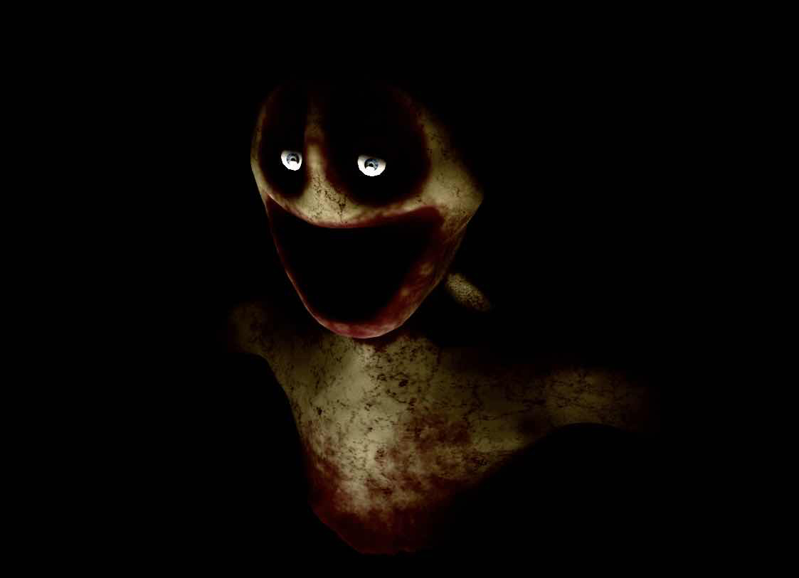 The Shusher: a pale, stained face with a huge black grin